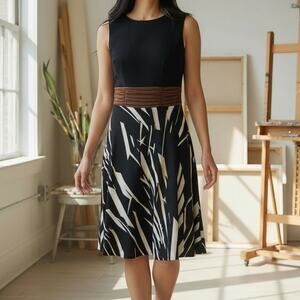 Coldwater Creek Size P14 Black Brown and White Banded Waist Abstract Print Dress